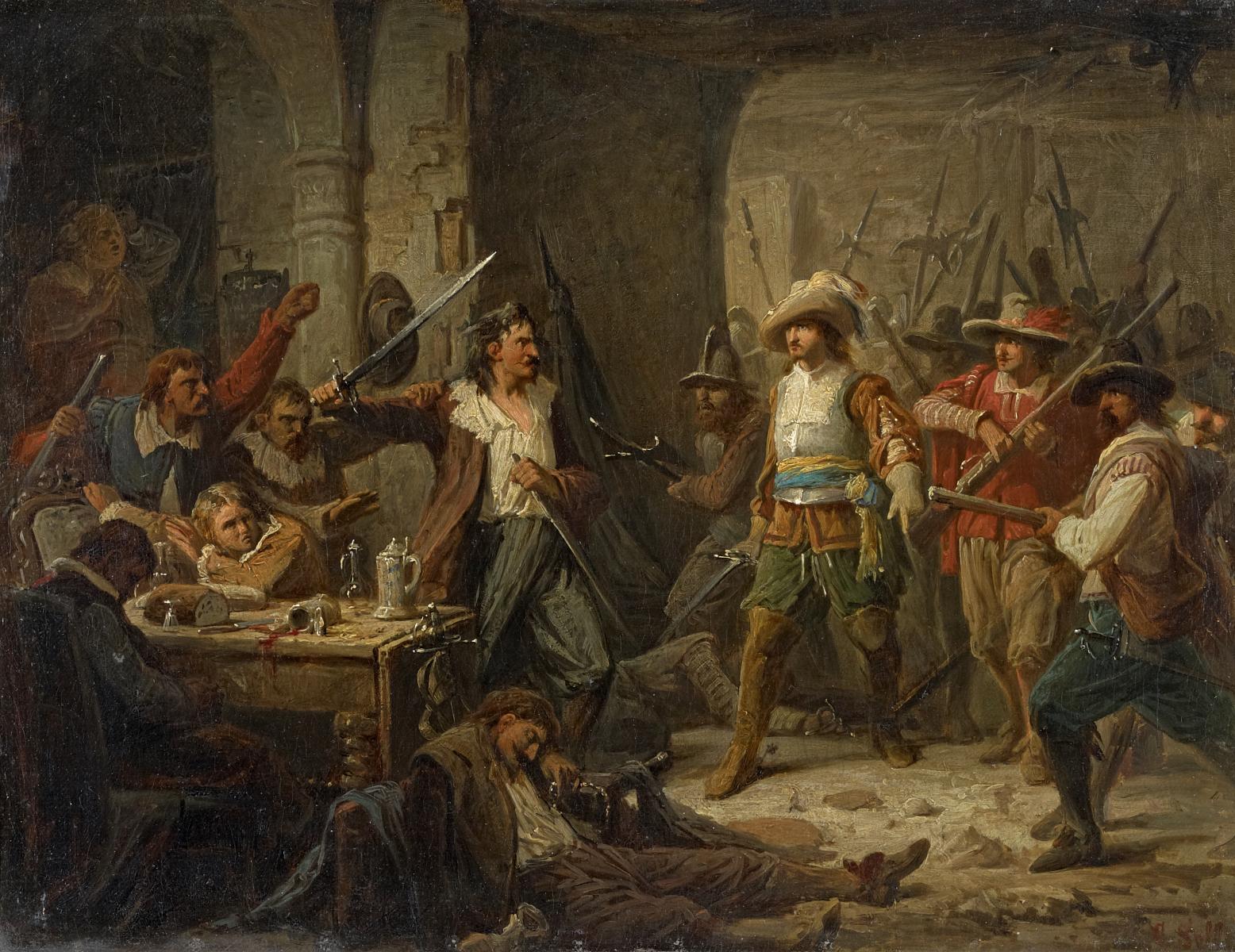 Christian Sell - Szene aus dem 30-jährigen Krieg. Schwedische Truppen fallen in ein Lager im Wirtshaus ein