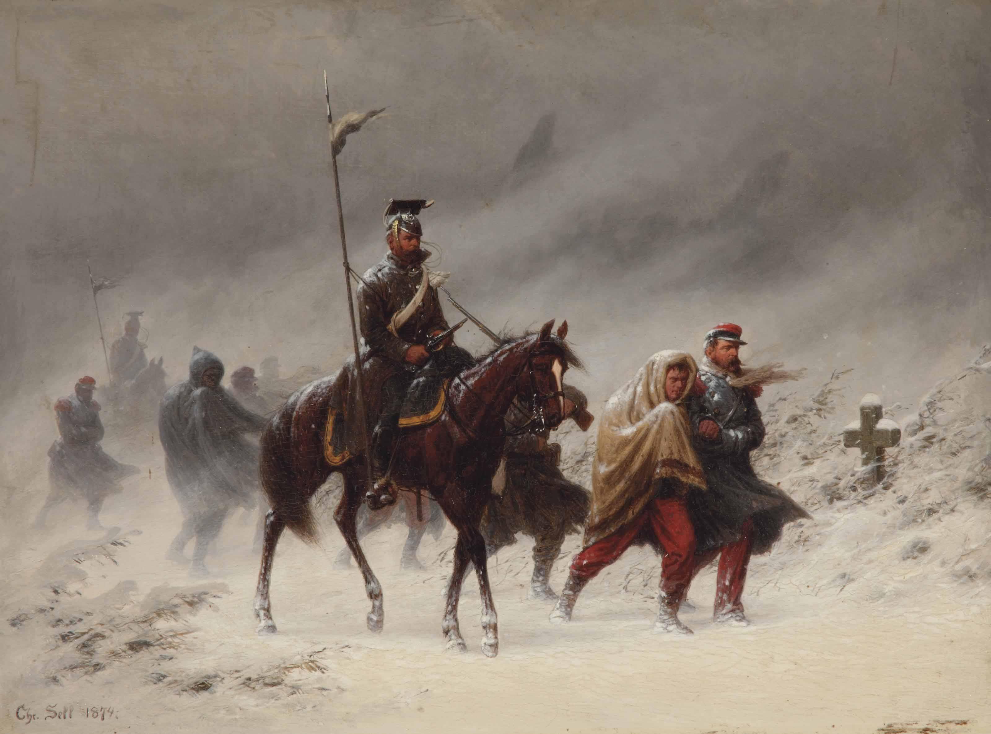 Christian Sell - Uhlans and French prisoners of war in a winterlandscape