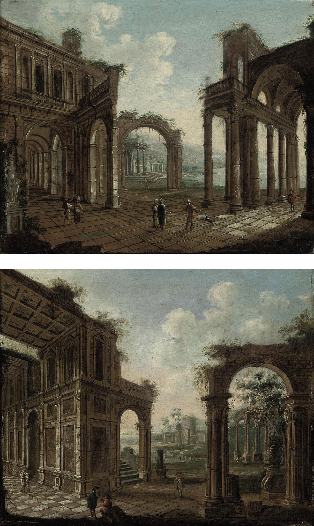 Christian Stocklin - An architectural capriccio of classical ruins with travellers; and An architectural capriccio of classical ruins with figures in Oriental costumes conversing in the foreground