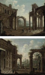 Christian Stocklin - An architectural capriccio of classical ruins with travellers; and An architectural capriccio of classical ruins with figures in Oriental costumes conversing in the foreground