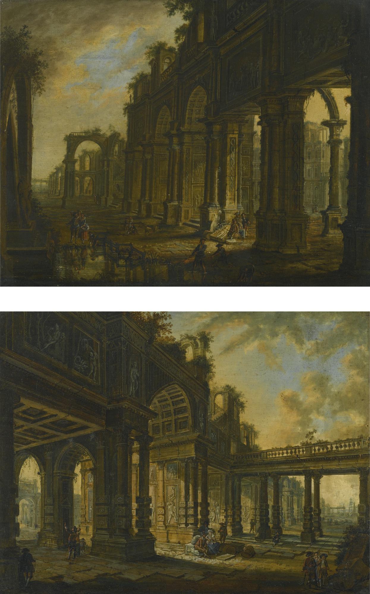 Christian Stöcklin - Architectural Palace Capriccio With Figures Conversing; Architectural Ruins With Figures Beside A Fountain