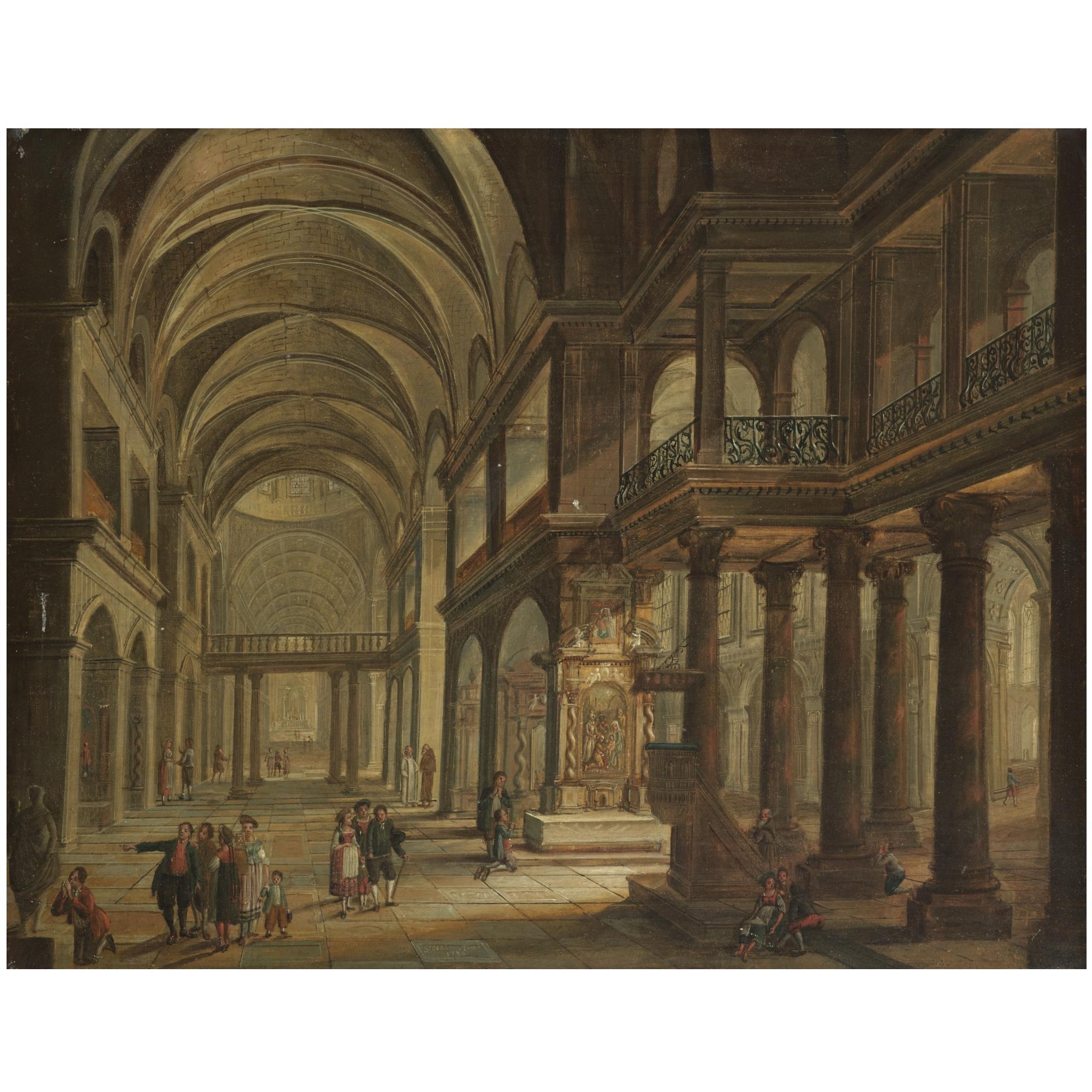 Christian Stöcklin - Church Interior With Figures Conversing And Praying
