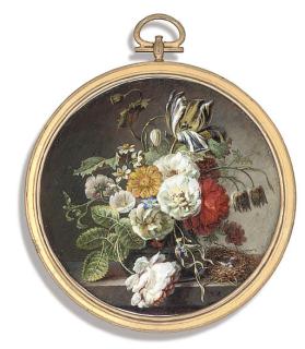 Christian Van Pol - A fine still-life of flowers on a stone ledge including roses, a parrot tulip, convolvulus, a poppy, wild strawberry flowers and fritilla and bluebell in a vase beside a nest with two pale grey eggs and a feather