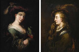 Christian Wilhelm Ernst Dietrich - A lady in a feathered hat, holding a parrot; and A youth playing the flute