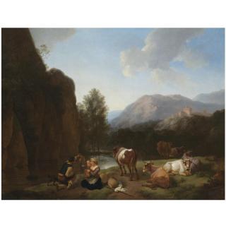 Christian Wilhelm Ernst Dietrich - A Mountainous River Landscape With A Herder, His Family And His Cattle Resting In The Foreground