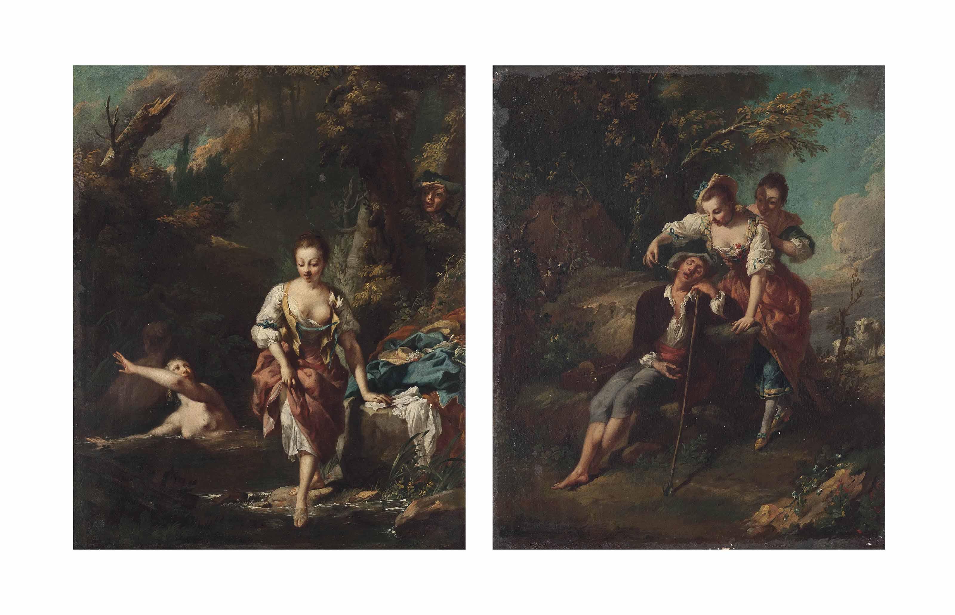 Christian Wilhelm Ernst Dietrich - A wooded river landscape with women bathing; and A wooded landscape with women teasing a sleeping shepherd