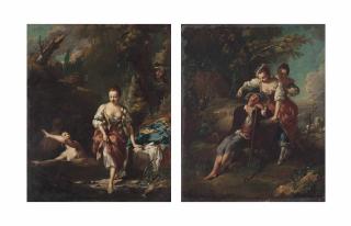 Christian Wilhelm Ernst Dietrich - A wooded river landscape with women bathing; and A wooded landscape with women teasing a sleeping shepherd