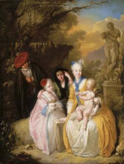 Christian Wilhelm Ernst Dietrich - Elegant figures in a garden with Cupid