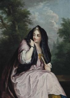 Christian Wilhelm Ernst Dietrich - Portrait of a lady, three-quarter-length, in a pink dress, and a black shawl, a fan in her left hand, seated in a landscape