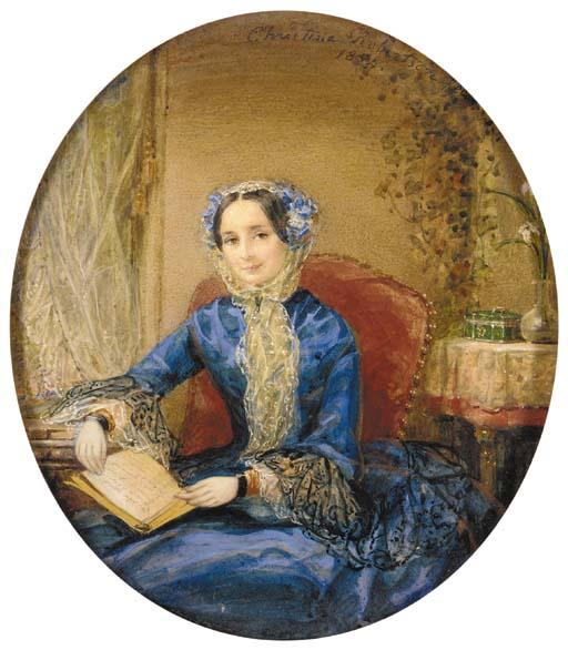 Christina Robertson - A lady called Mrs. Robert Colquhoun (née Marchesa Bradura-Manin), in a blue dress with lace sleeves, wearing a lace bonnet with blue ribbon tied under her chin, seated in a crimson chair holding an open book; in an interior