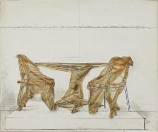 Christo - Deux chaises et table empaquetées (d’après le modèle de Martin Visser \'Motalem Stoel Ontw\' 1960)