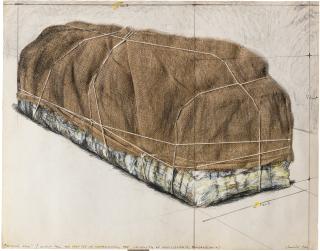 Christo - Packed Hay (Project For The Institut Of Contemporary Art, University Of Pennsylvania, Philadelphia)Signed, Titled And Dated 68; Pencil, Charcoal, Pastels, Enamel, Fabric, String, Metalic Clips And Collage On Cardboard