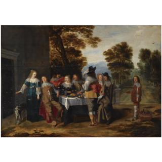 Christoffel Jacobsz. van der Laemen - An Elegant Company Seated Around A Set Table On A Terrace, A Formal Garden Beyond