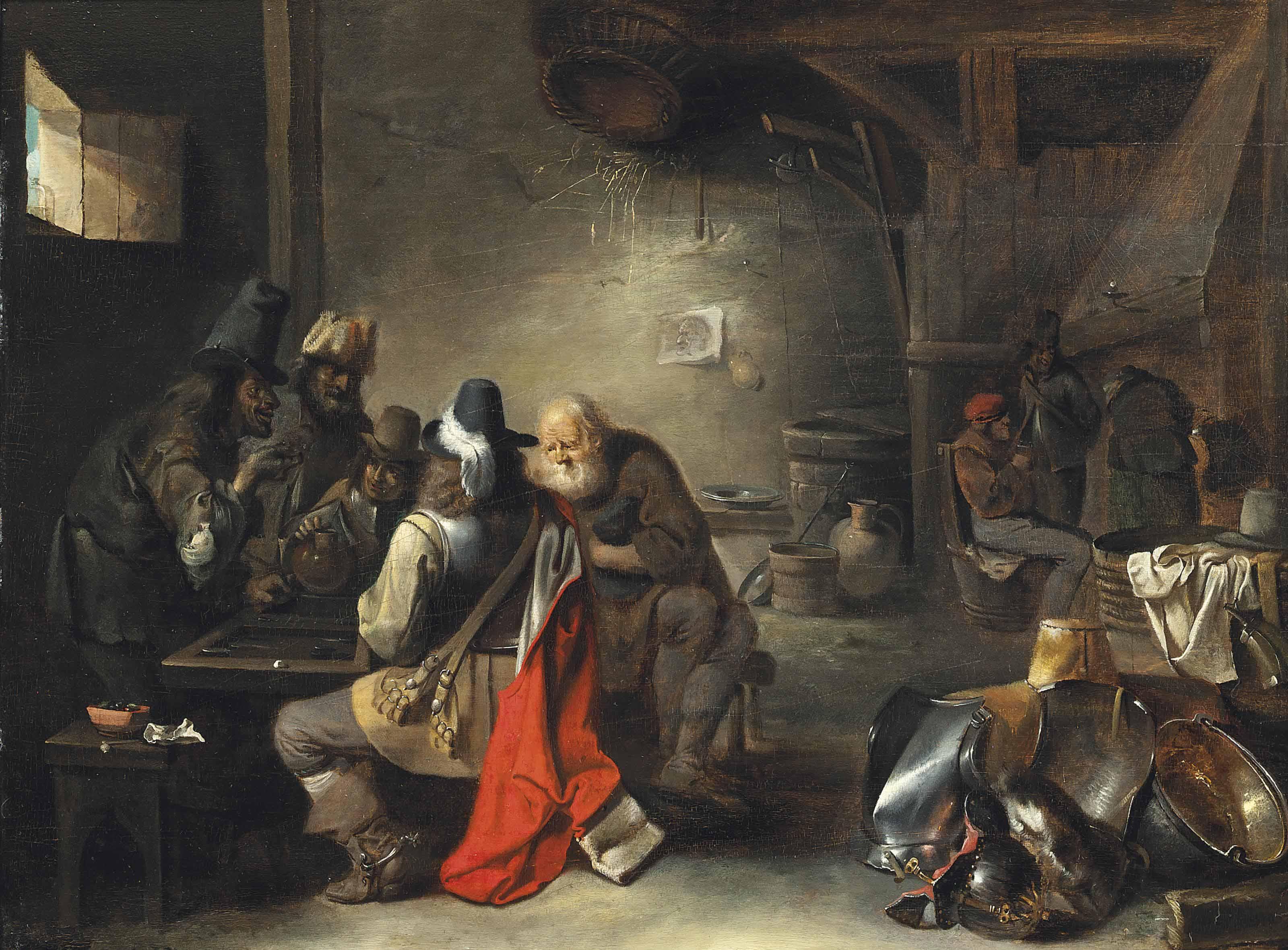 Christoffel Jacobsz. Van Der Lamen - A soldier playing tric-a-trac with peasants in a tavern