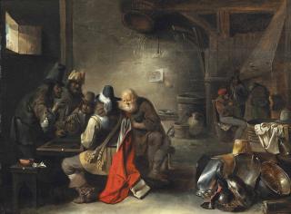 Christoffel Jacobsz. Van Der Lamen - A soldier playing tric-a-trac with peasants in a tavern