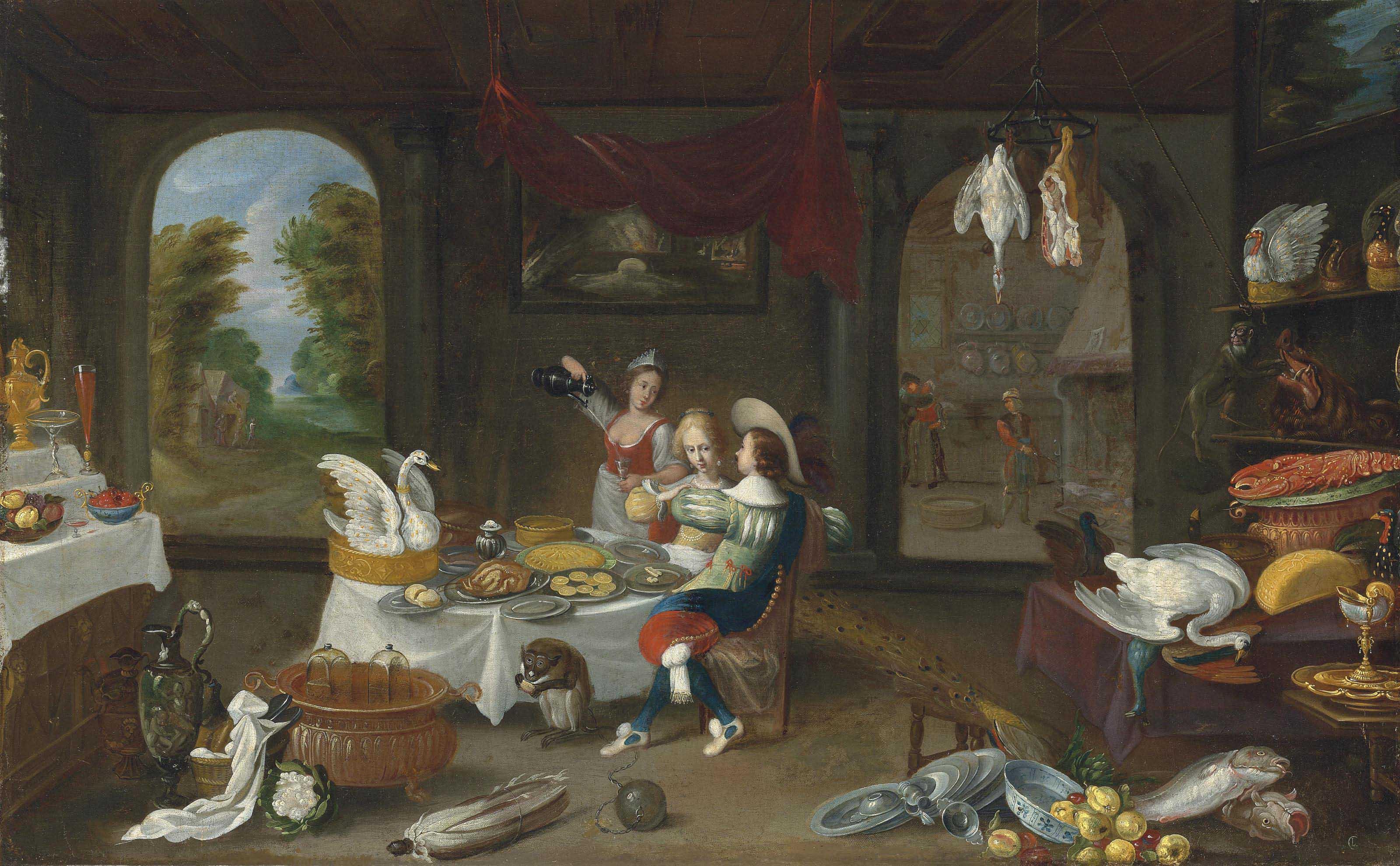 Christoffel Jacobsz. Van Der Lamen - An interior with a cavalier and lady seated in conversation at a repast, with a servant pouring wine and two monkeys, surrounded by food and crockery in disarray