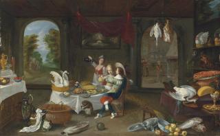 Christoffel Jacobsz. Van Der Lamen - An interior with a cavalier and lady seated in conversation at a repast, with a servant pouring wine and two monkeys, surrounded by food and crockery in disarray