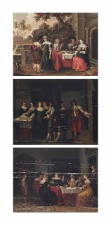 Christoffel Jacobsz. Van Der Lamen - Elegant company eating, drinking and music-making in a garden; Elegant company drinking and merry-making in an interior; and Elegant company admiring a lace collar and other luxurious objects
