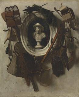 Christoffel Pierson - A trompe l\'oeil of gaming equipment, with nets, falconry hoods, bird cages, a hunting horne and a glove, hanging on a wall, with a bust in a sculpted niche