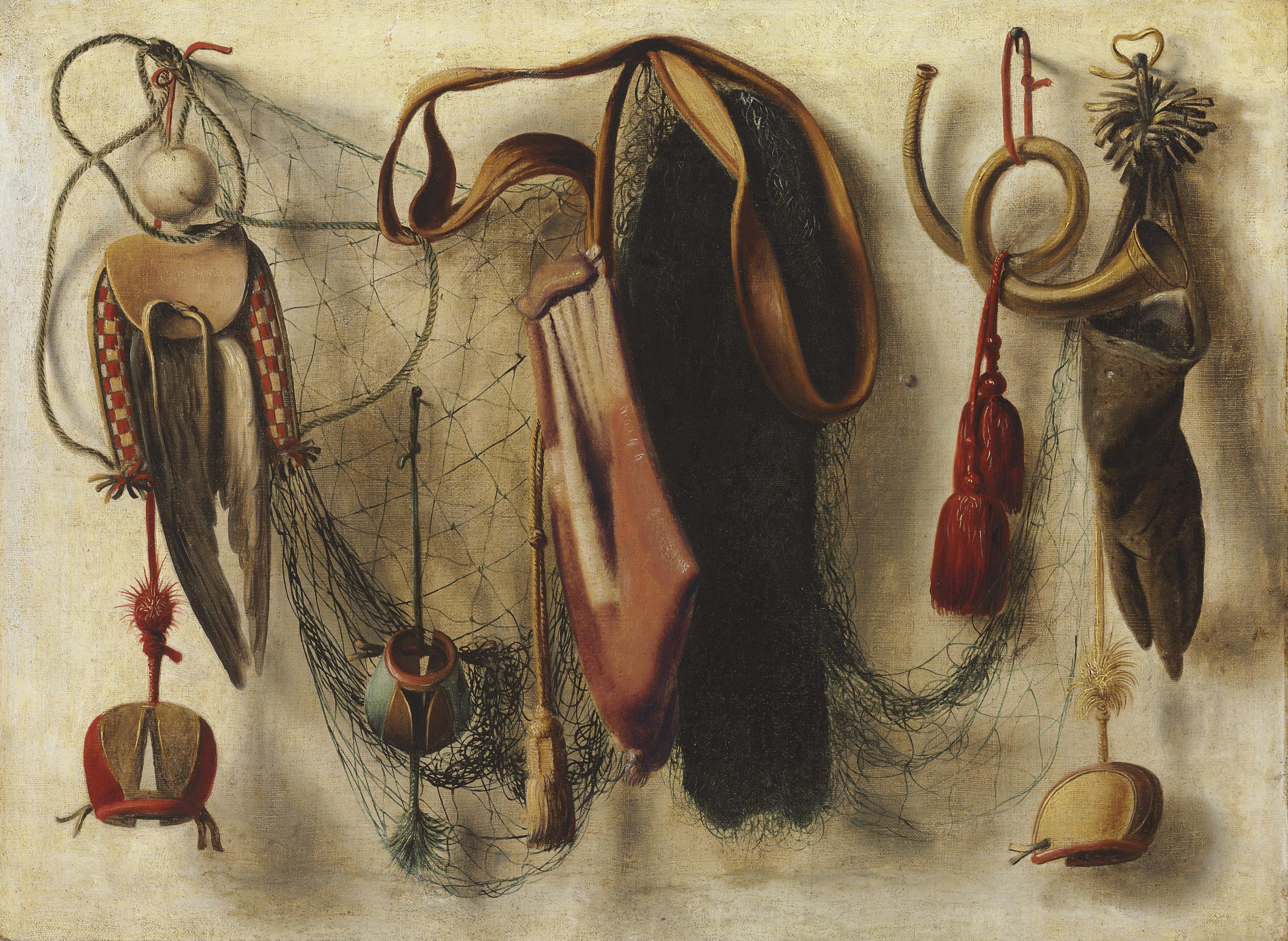 Christoffel Pierson - A trompe l\'oeil of Hawking Equipment, including a glove, a net, and falconry hoods, hanging on a wall
