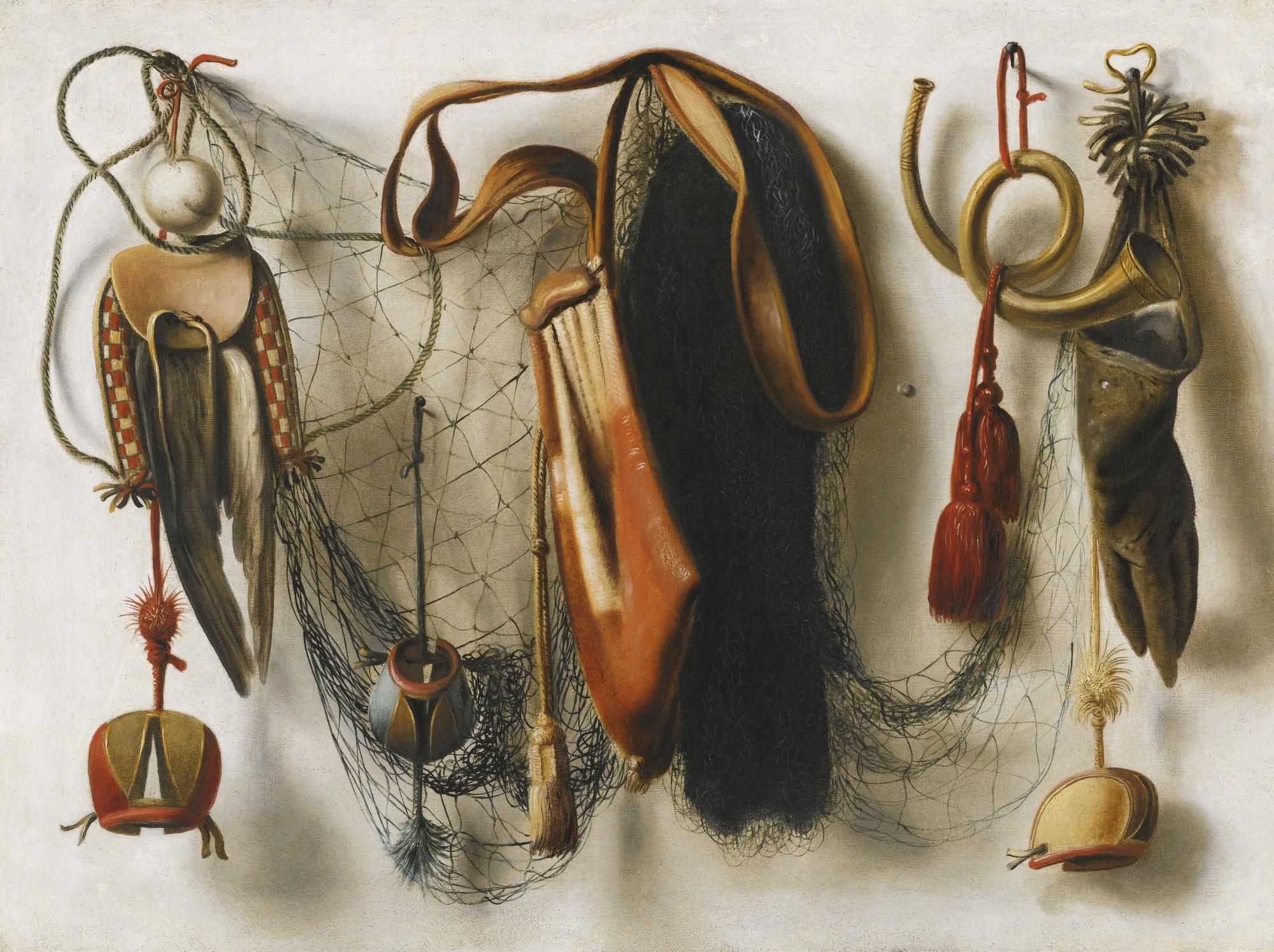 Christoffel Pierson - A Trompe L\'Œil Still Life Of Hawking Equipment, Including A Glove, A Net And Falconry Hoods, Hanging On A Wall