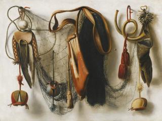 Christoffel Pierson - A Trompe L\'Œil Still Life Of Hawking Equipment, Including A Glove, A Net And Falconry Hoods, Hanging On A Wall