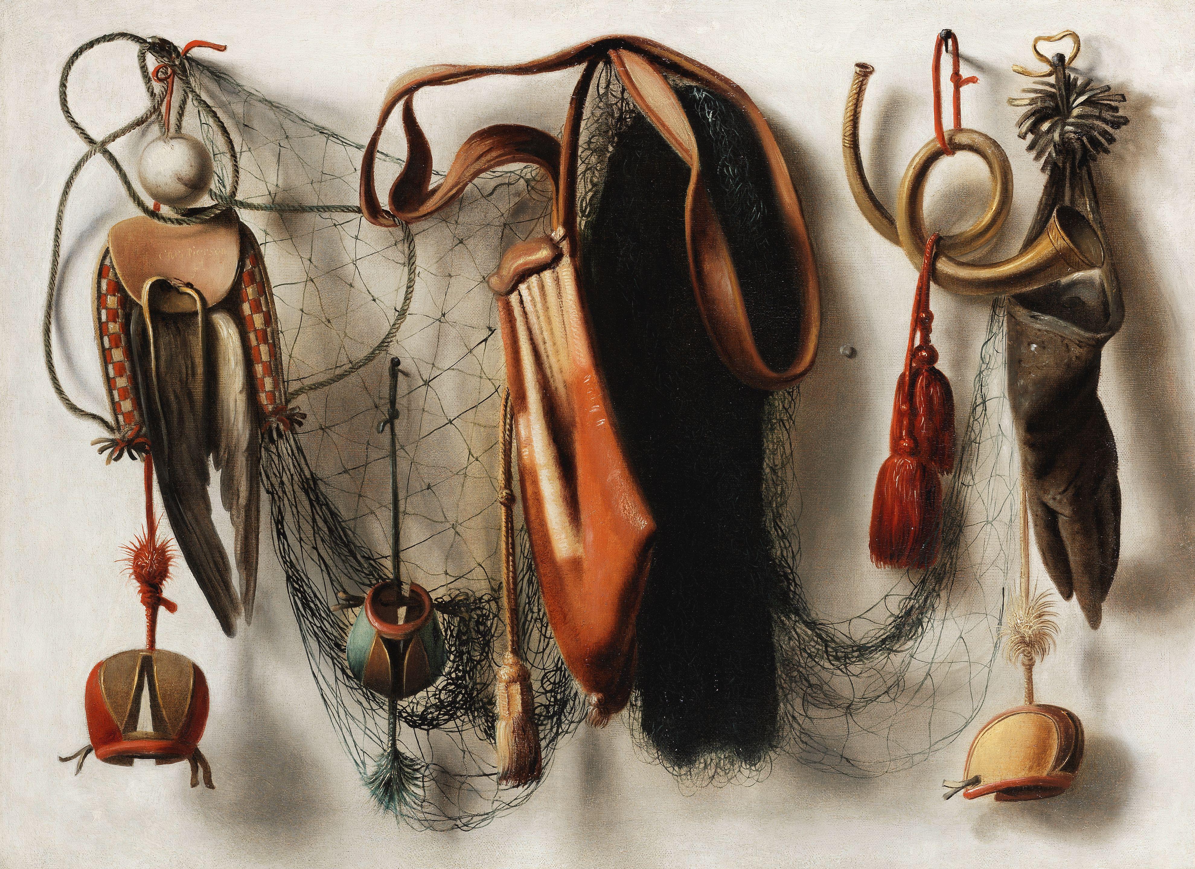 Christoffel Pierson - A trompe l\'œil still life of hawking equipment, including a glove, a net and falconry hoods, hanging on a wall