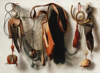 Christoffel Pierson - A trompe l\'œil still life of hawking equipment, including a glove, a net and falconry hoods, hanging on a wall