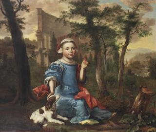 Christoffel Pierson - Portrait of a girl, full-length, in a blue dress and red wrap, with a white bonnet and pearl necklace, holding a peach in her left hand, with a dog, in a landscape with the ruins of the Colosseum beyond