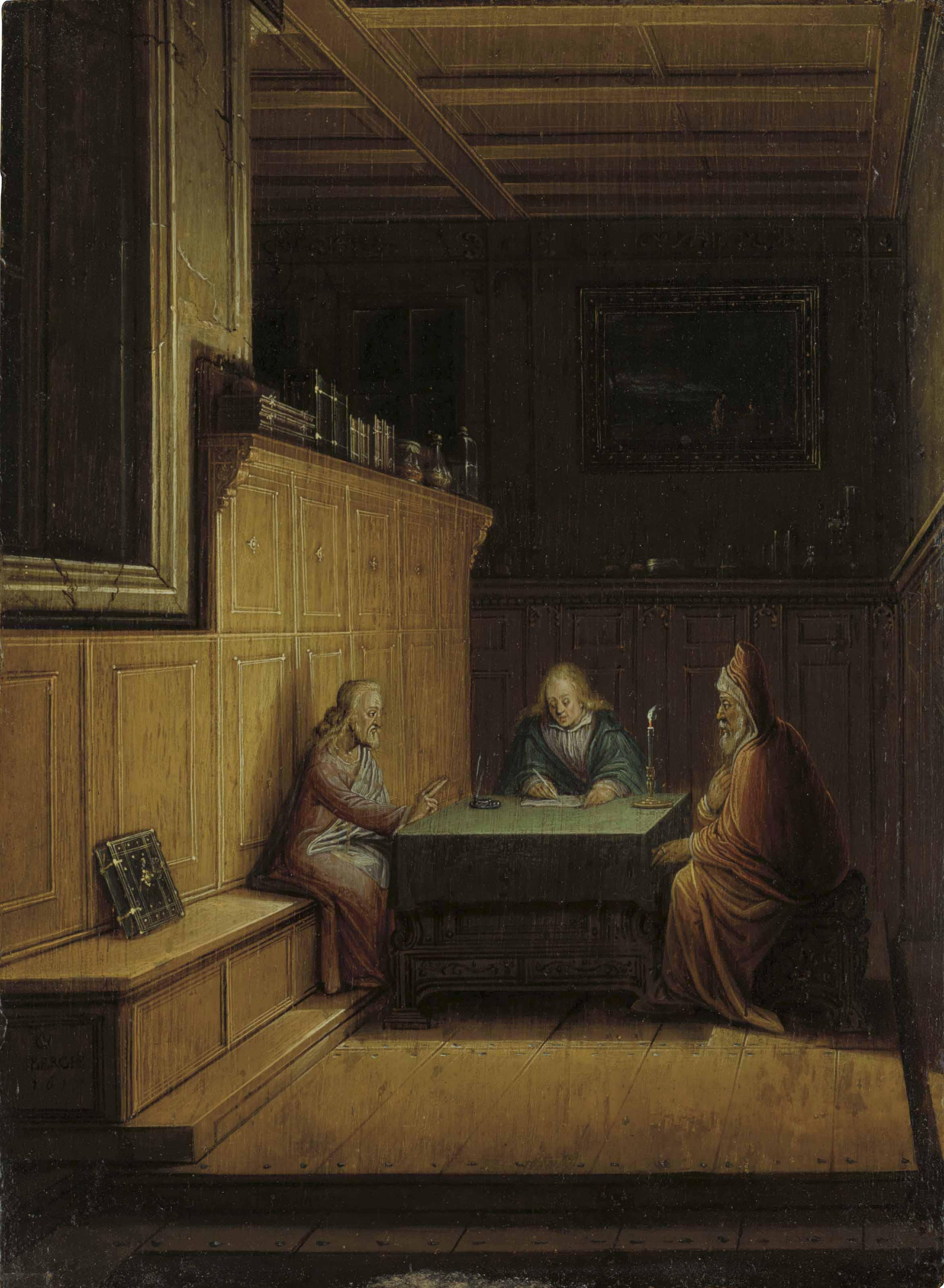 Christoffel Van Den Berghe - A Candlelit Interior With Christ, Saint John The Evangelist And Nicodemus Seated At A Table