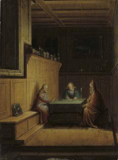 Christoffel Van Den Berghe - A Candlelit Interior With Christ, Saint John The Evangelist And Nicodemus Seated At A Table