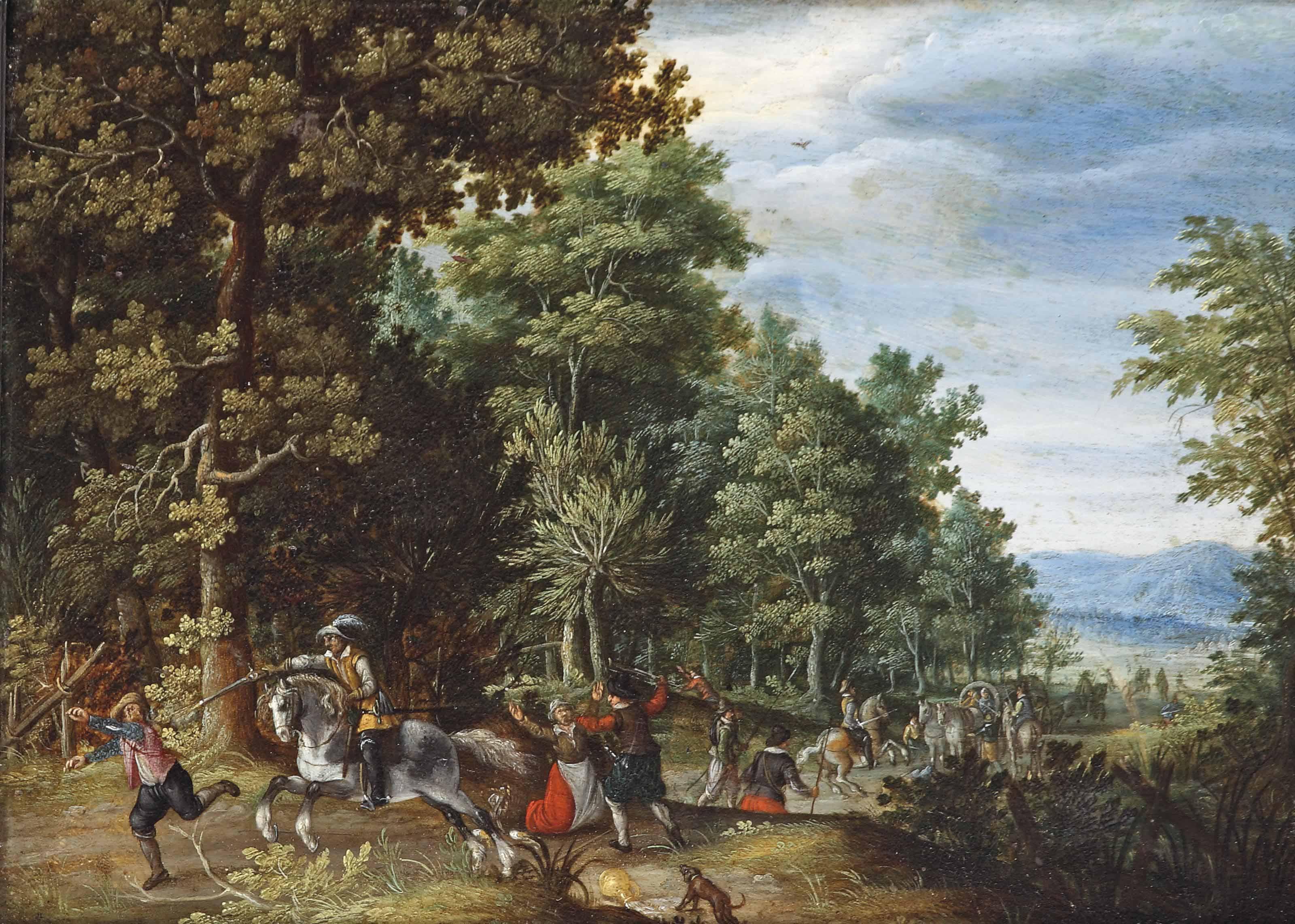 Christoffel Van Den Berghe - A Wooded Landscape With Travellers Being Ambushed On A Path At The Edge Of A Wood