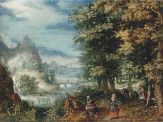 Christoffel Van Den Berghe - A Wooded River Landscape With Elegant Figures On A Path