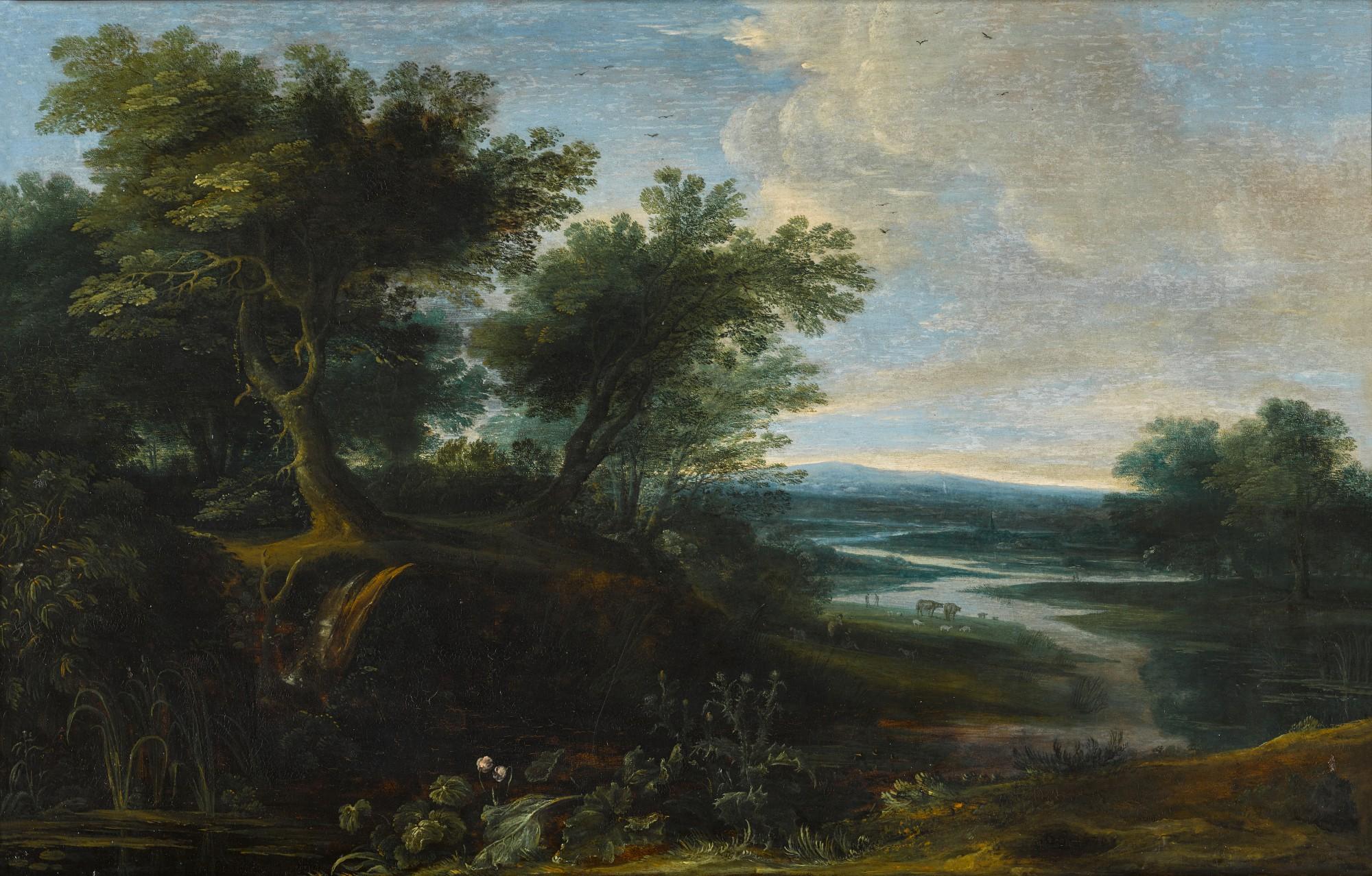 Christoffel Van Den Berghe - Wooded landscape with a river and thistles