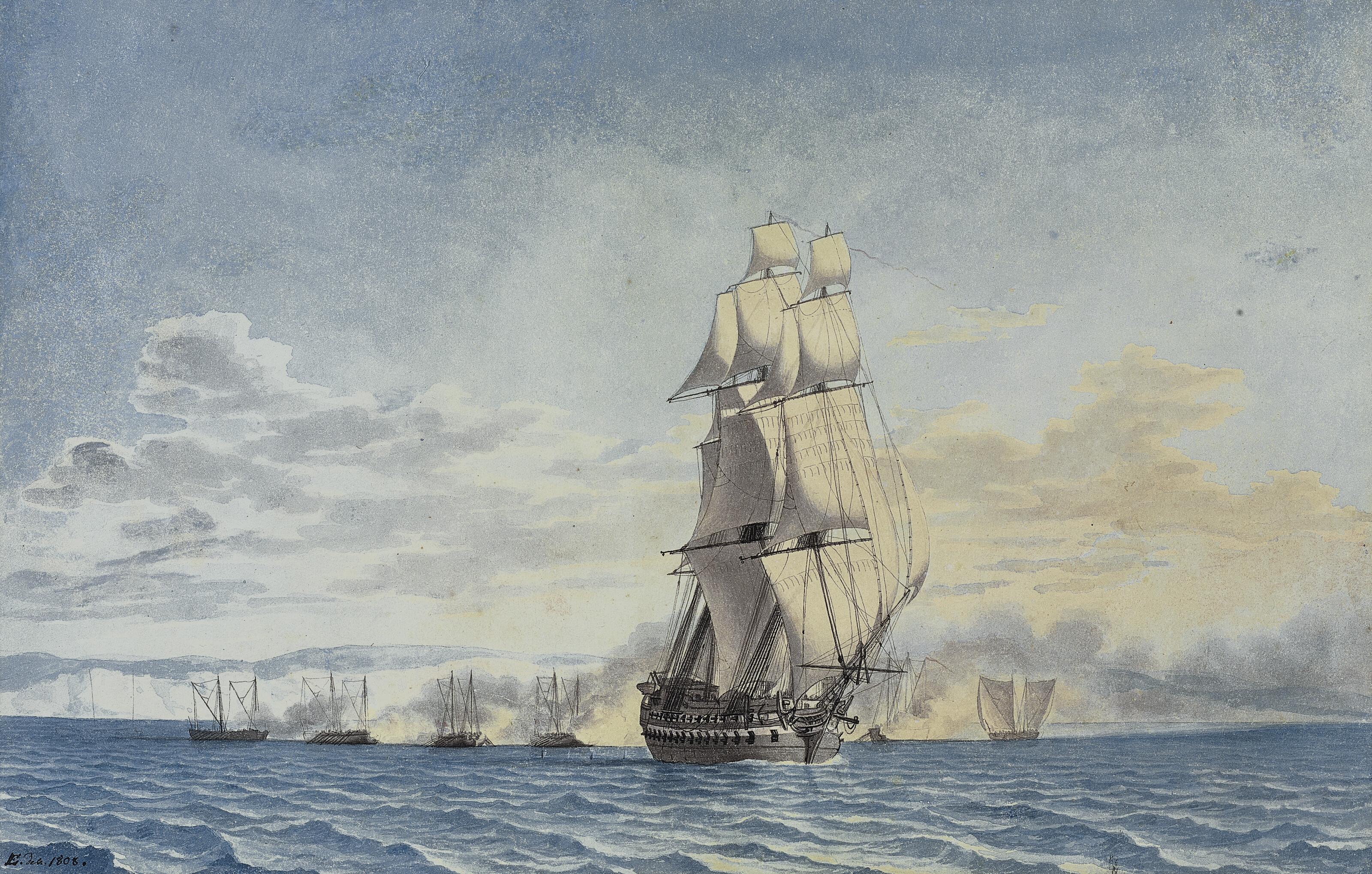 Christoffer Wilhelm Eckersberg - Danish gunboats attacking H.M.S Tigress at Agersø