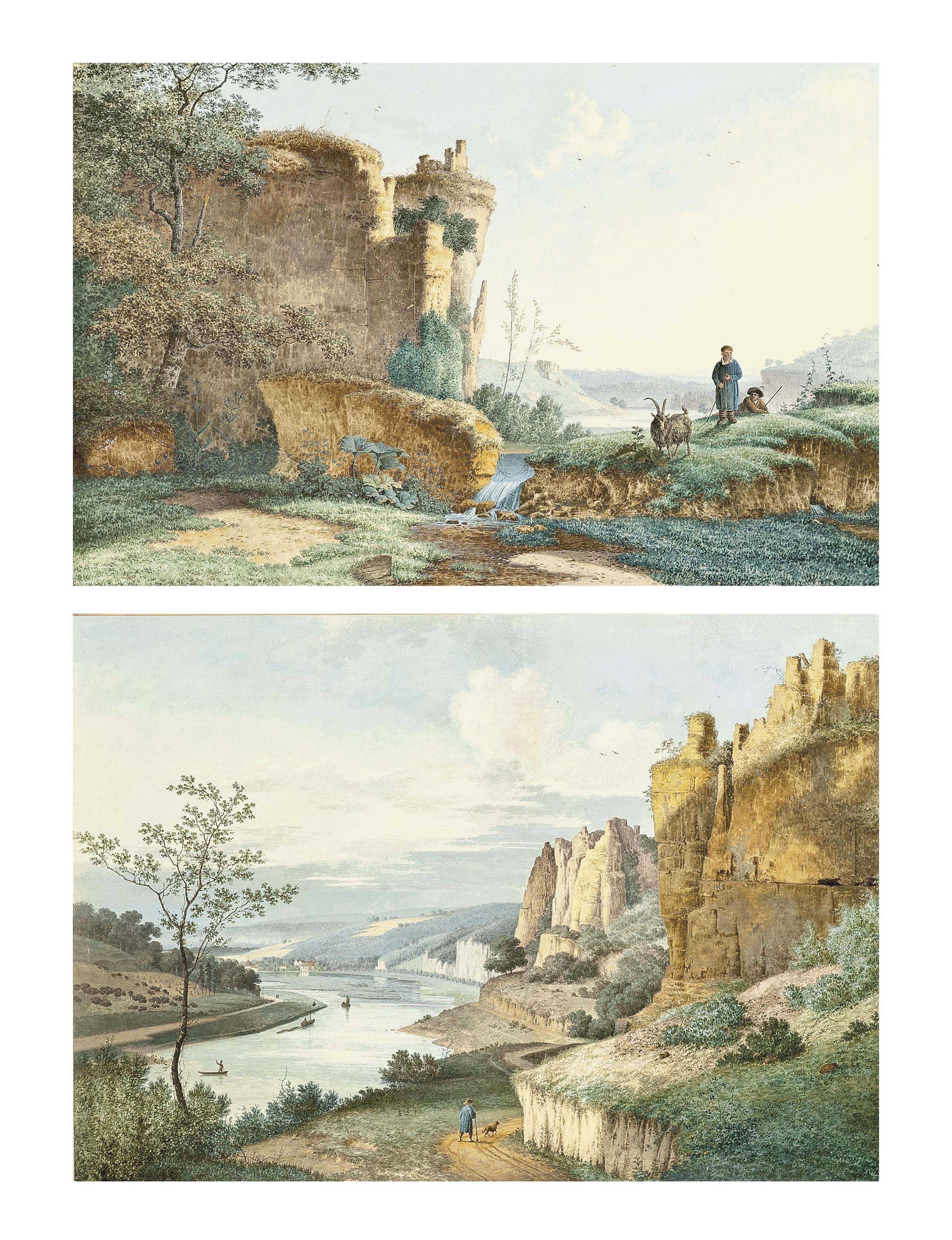 Christoph Heinrich Kniep - A view on the Elbe with a herdsman and his goat beside a waterfall, ruins beyond; and A view on the Elbe with a traveller on a track with a dog, a river beyond with boats