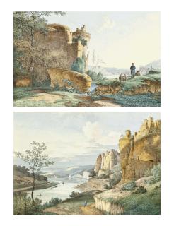 Christoph Heinrich Kniep - A view on the Elbe with a herdsman and his goat beside a waterfall, ruins beyond; and A view on the Elbe with a traveller on a track with a dog, a river beyond with boats