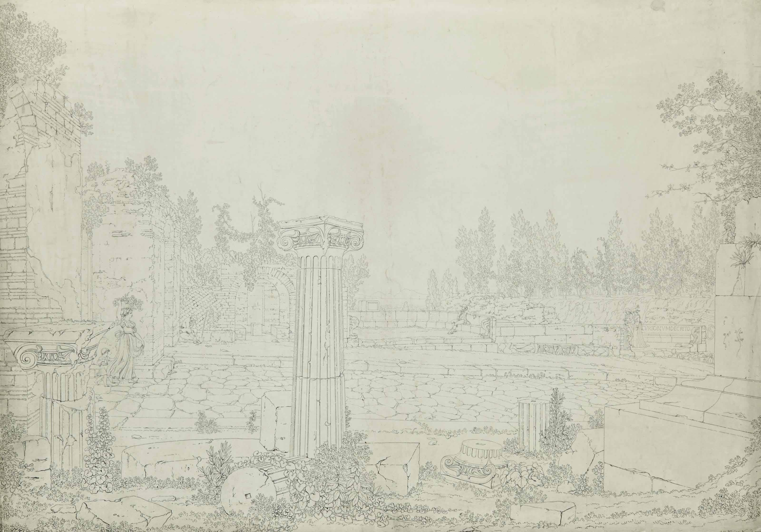 Christoph Heinrich Kniep - Femme Se Promenant Sur Les Ruines Du Tombeau De La Prêtresse Mamia À Pompéi