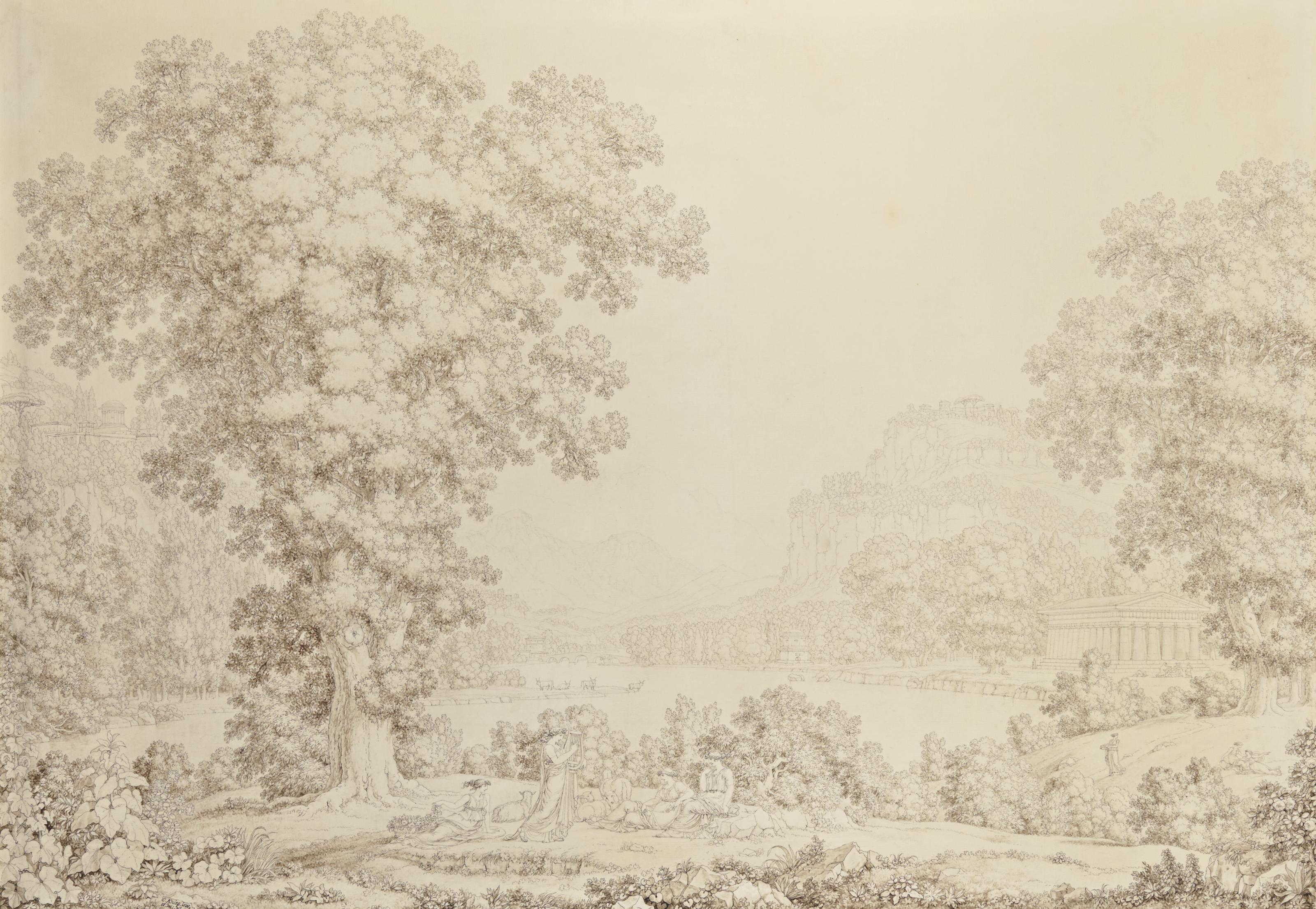 Christoph Heinrich Kniep - Vue Imaginaire Avec Le Temple De Paestum, Un Groupe De Bergers Au Premier Plan Et Une Femme Jouant De La Lyre