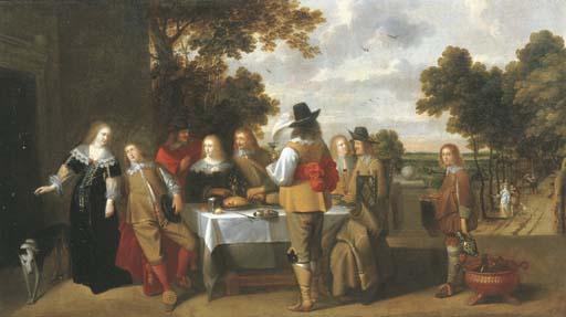 Christoph Jacobsz. Van Der Lamen - Elegant company eating and drinking on a terrace, a landscape beyond