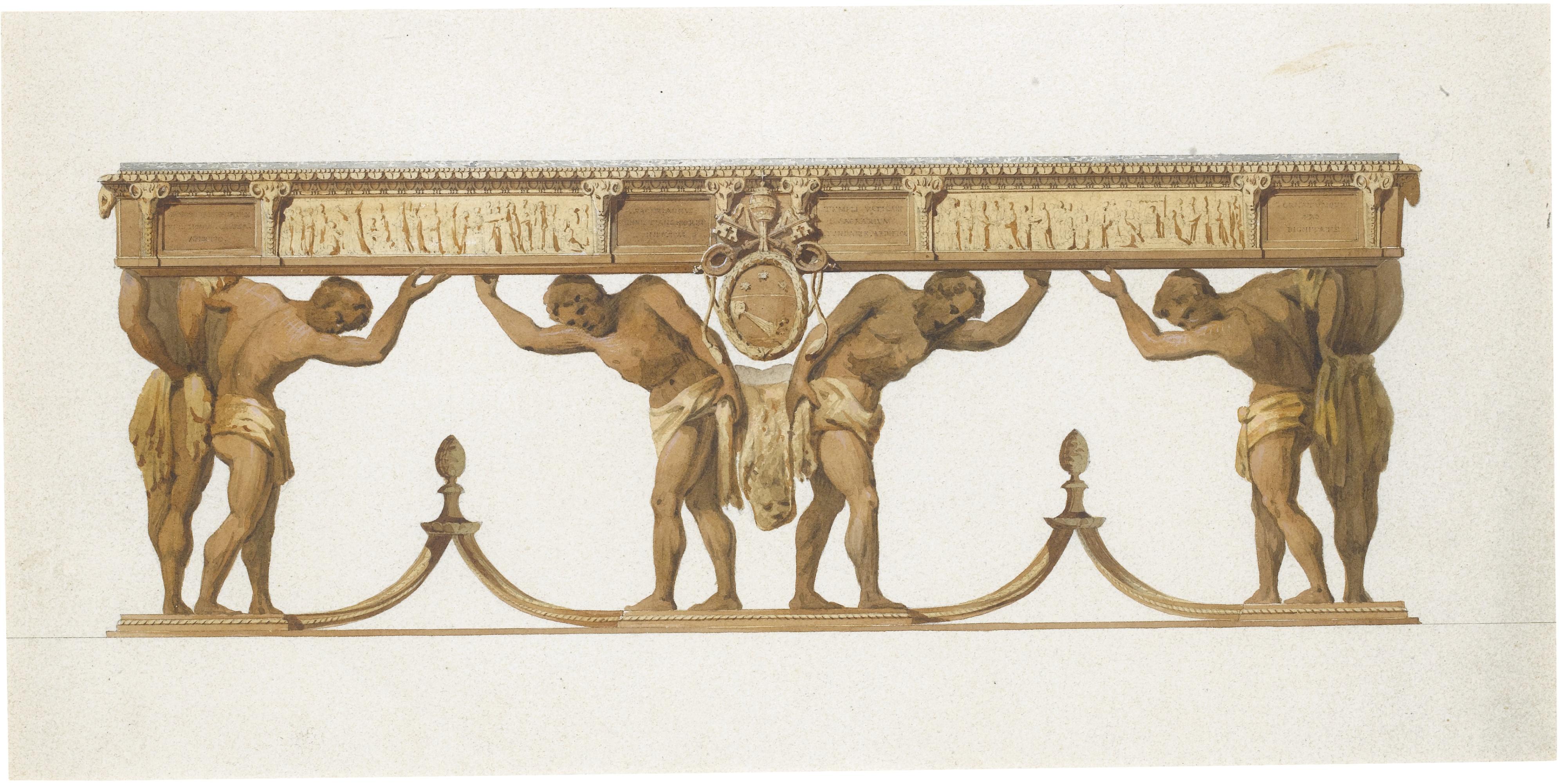Christoph Unterberger - Study Of A Table With The Arms Of Pope Pius Vi, Braschi, And Figures Of Hercules Supporting The Top