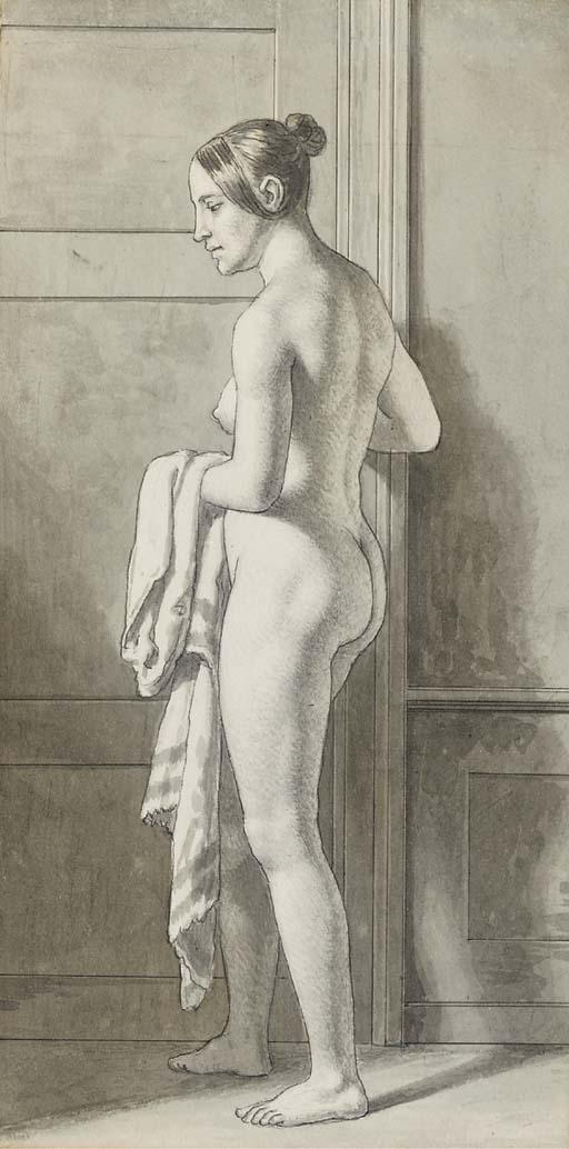 Christoph Wilhelm Eckersberg - Florentine, nude, standing by a door holding a length of cloth