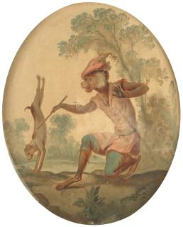 Christophe Huet - A pair of singerie works depicting monkeys training a dog (2)