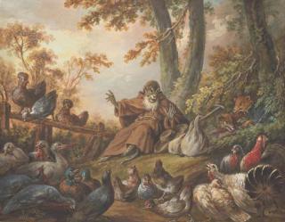 Christophe Huet - Le singe prédicateur dans une basse-cour, deux renards déguisés en curé cachés dans des buissons