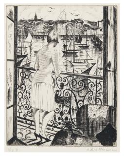 Christopher Richard Wynne Nevinson, A.R.A. - Woman At A Balcony Overlooking Dieppe (B. 137)