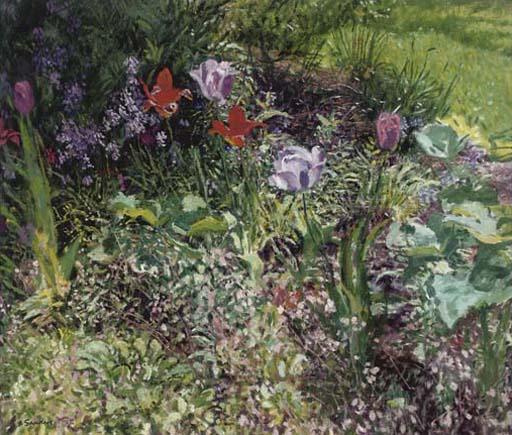 Christopher Sanders - Tulips and Bluebells in the Artist\'s Garden