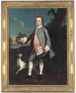 Christopher Steele - Portrait of A Young Boy, Full-Length, In A Silver Coat And Pink Waistcoat, Holding A Tricorn In His Left Hand, A Spaniel Beside Him, In A Landscape