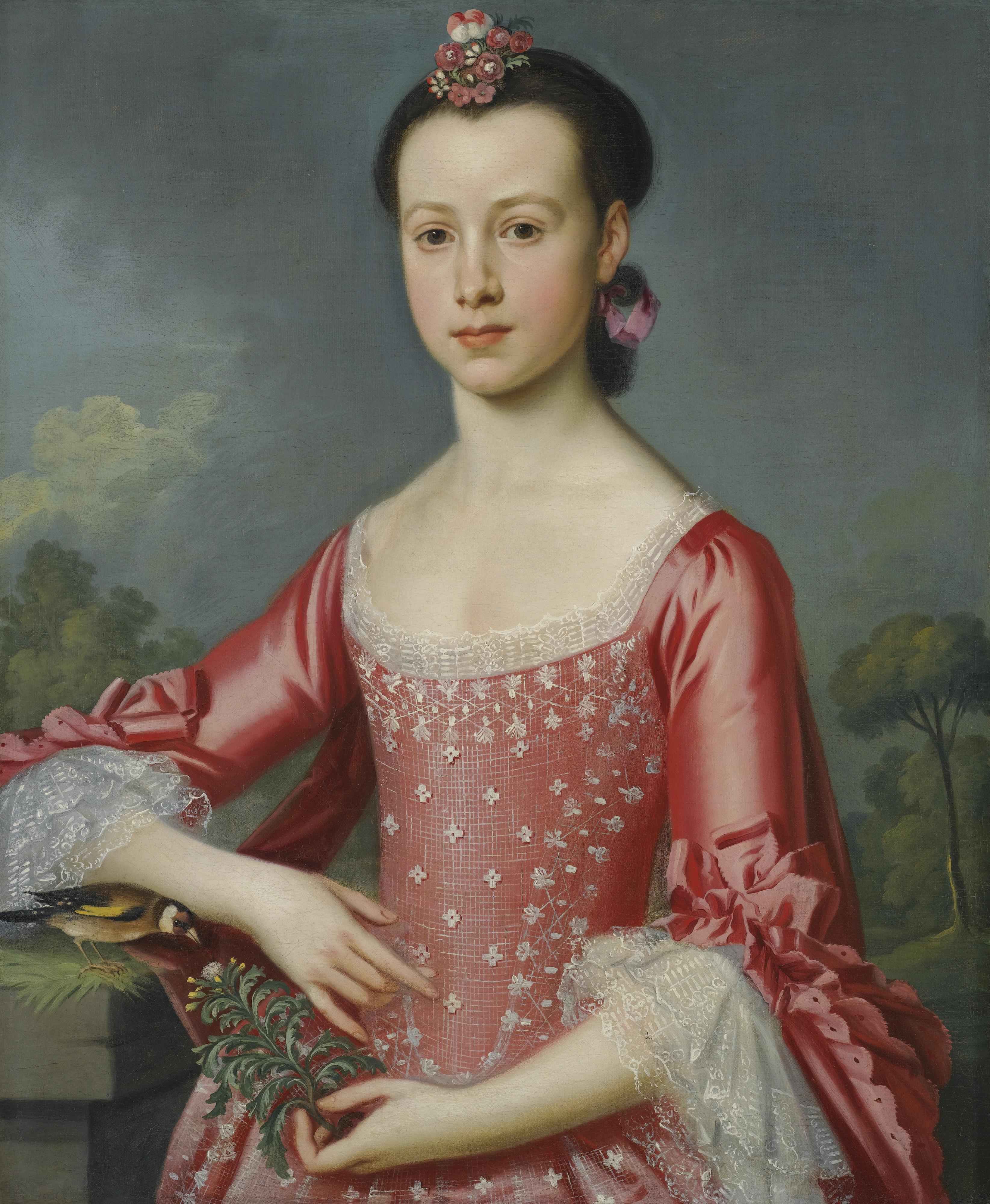 Christopher Steele - Portrait Of Miss Bache, Half Length, Wearing A Red Dress