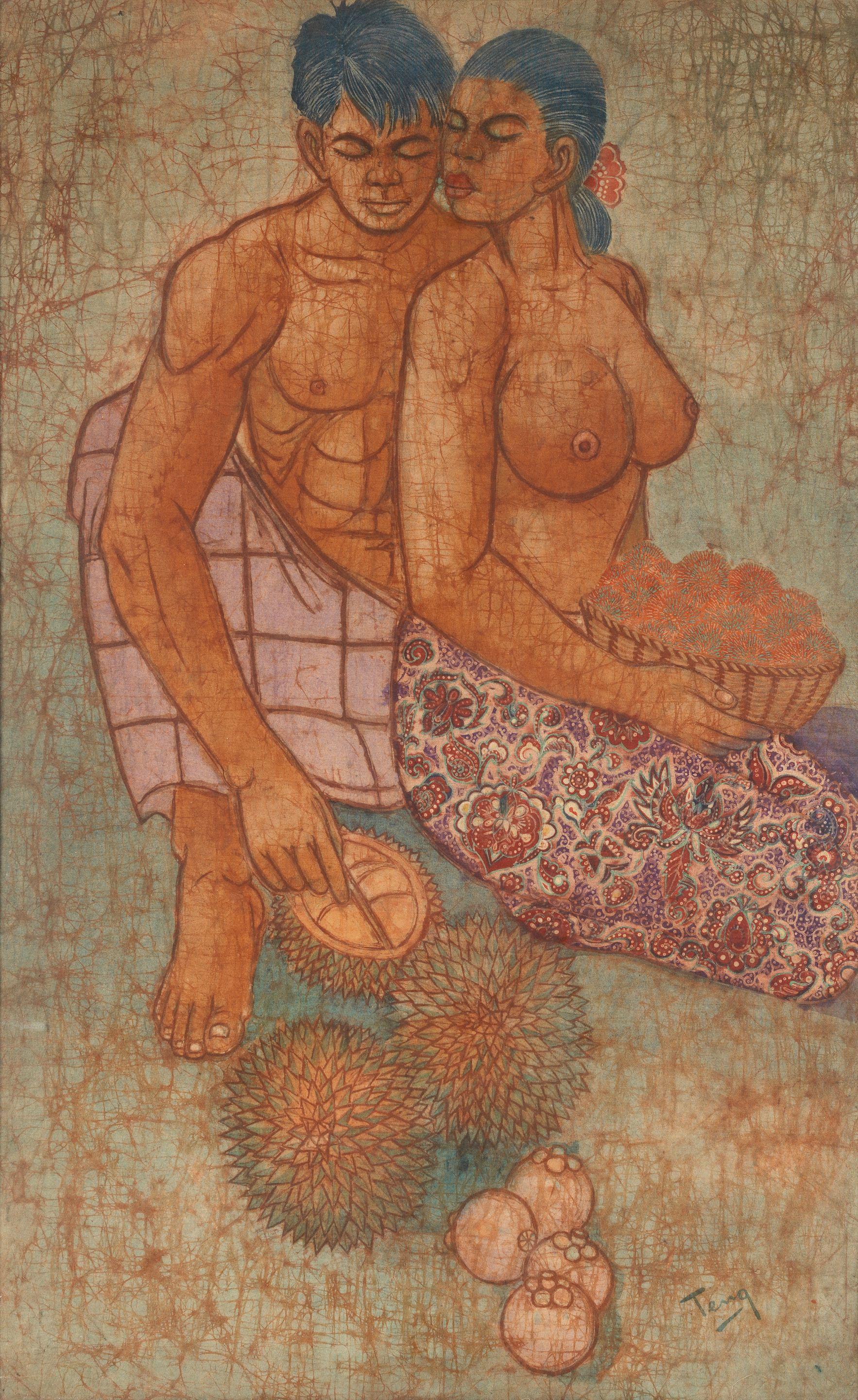 Chuah Thean Teng - A couple embracing, with durian and other fruits