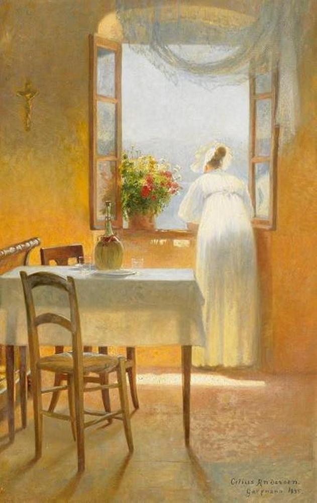 Cilius Andersen - Sommertag auf Gargano an der Ostküste Italiens. Junge Frau am Fenster
